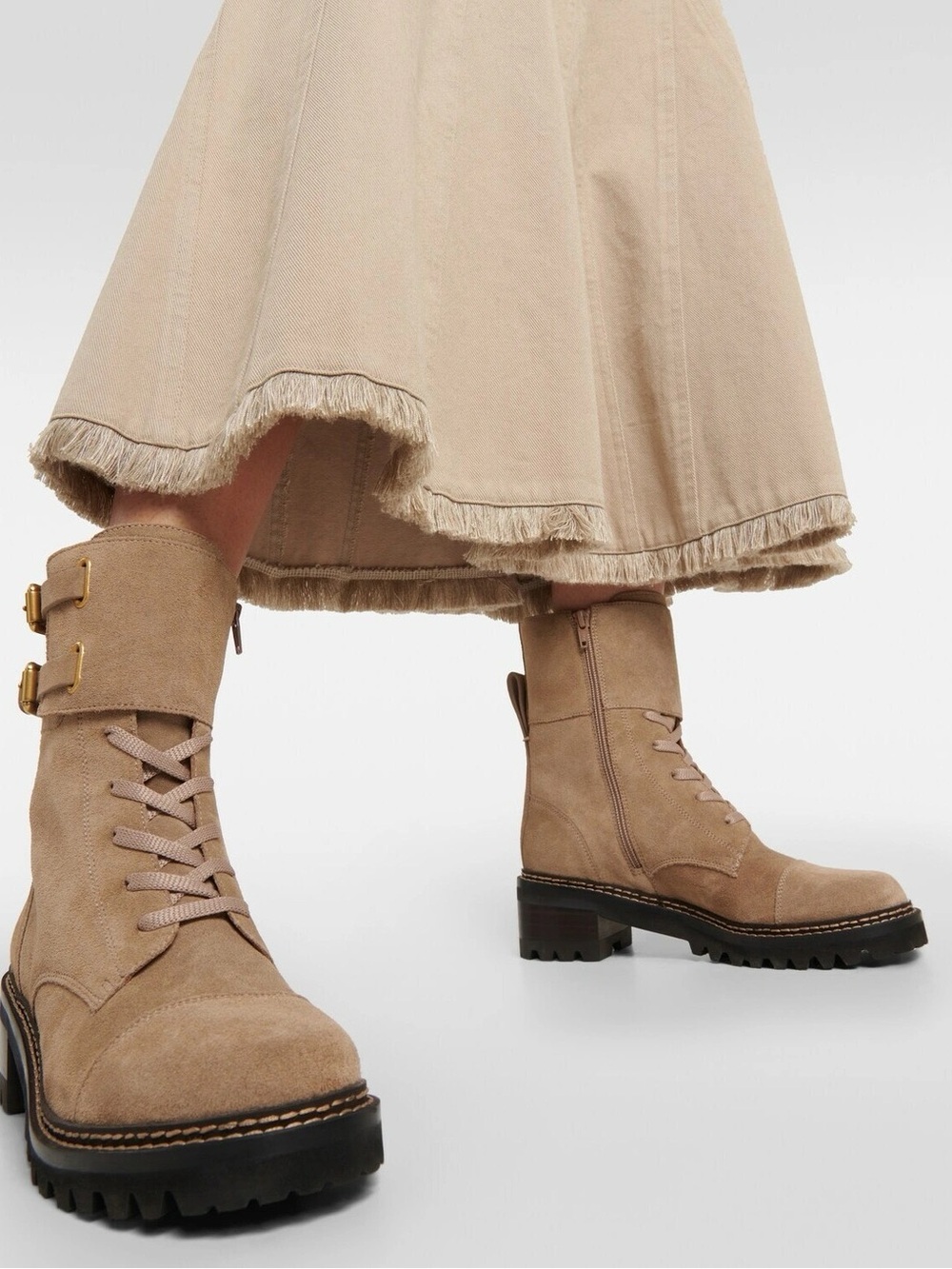 See by Chloe Mallory Leather Buckle Strap Ankle Suede Combat Boots Sz 7